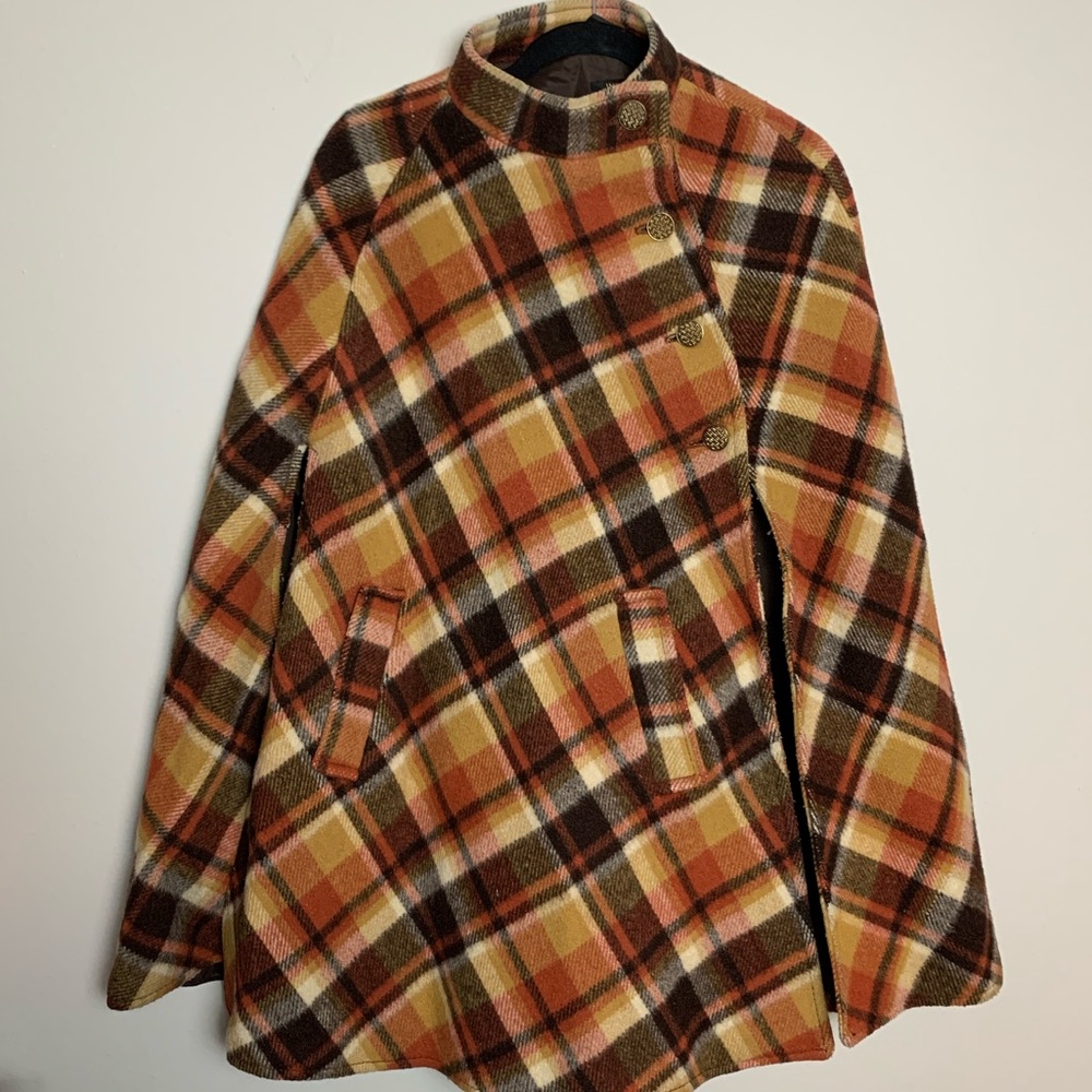 Loden king small cape plaid orange brown beige